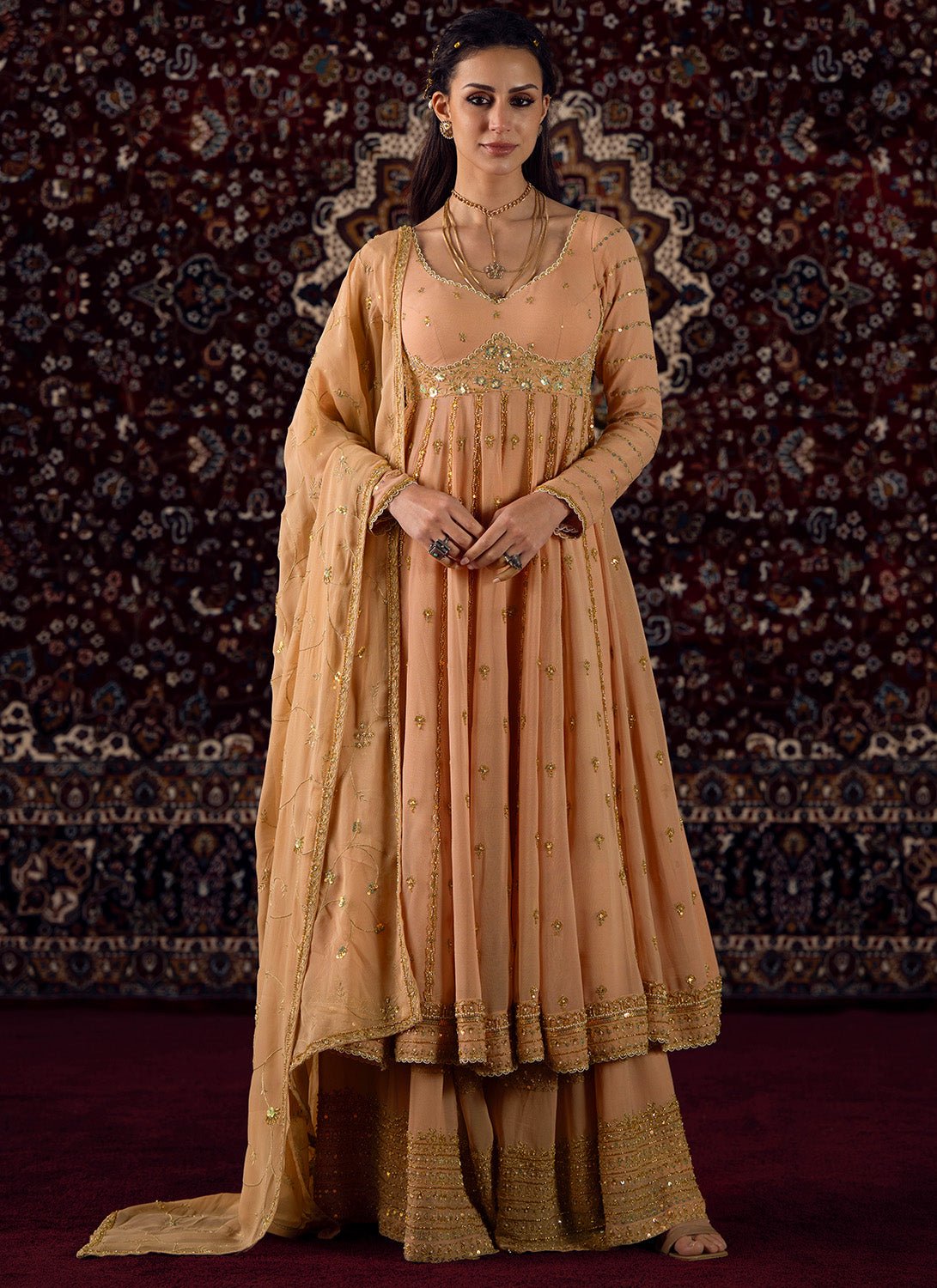 Soft Peach Embroidered Georgette Anarkali Style Sharara - Lashkaraa