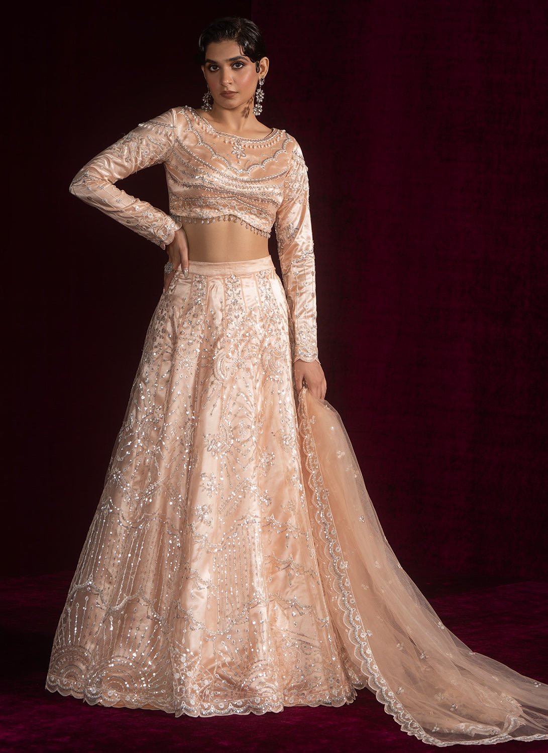 Soft Peach Embroidered Net Lehenga - Lashkaraa