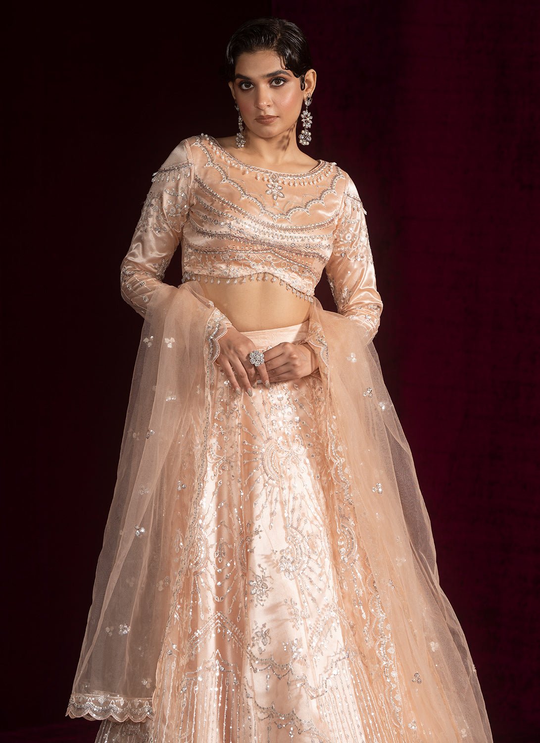 Soft Peach Embroidered Net Lehenga - Lashkaraa