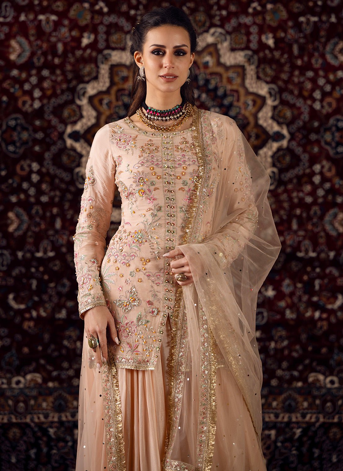 Soft Peach Embroidered Viscose Chinon Sharara - Lashkaraa
