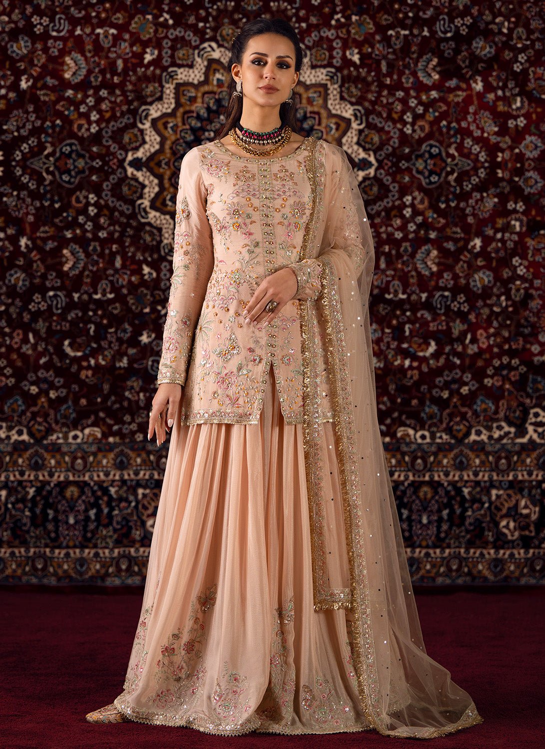 Soft Peach Embroidered Viscose Chinon Sharara - Lashkaraa