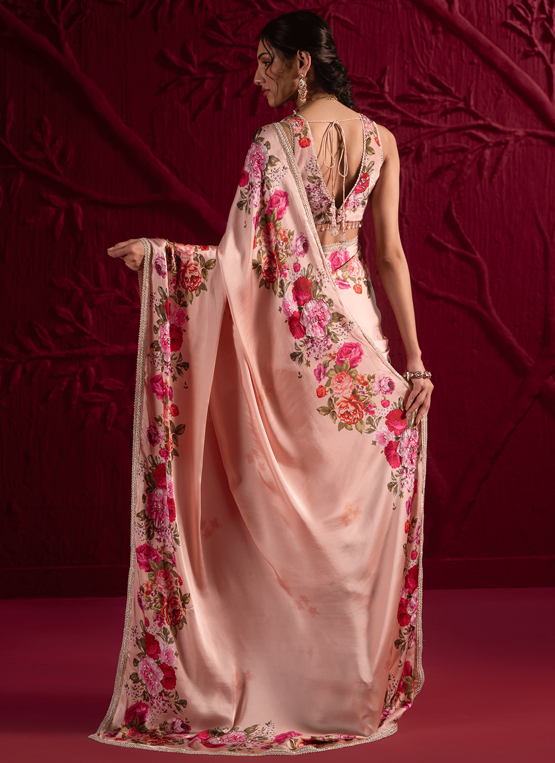 Soft Peach Floral Embroidered Satin Georgette Saree - Lashkaraa