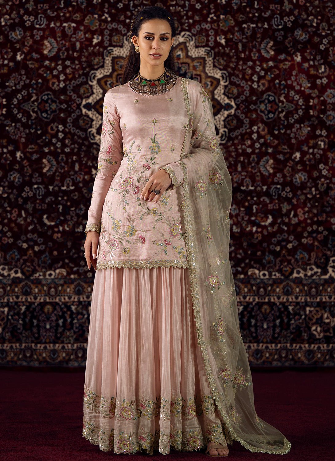 Soft Pink Embroidered Silk Sharara Suit Soft Pink Embroidered Silk Sharara Suit