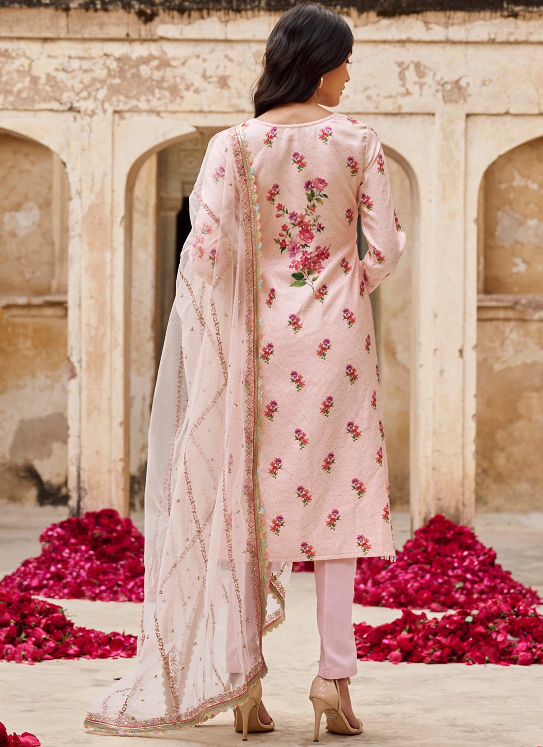 Soft Pink Floral Crepe Straight Suit - Lashkaraa