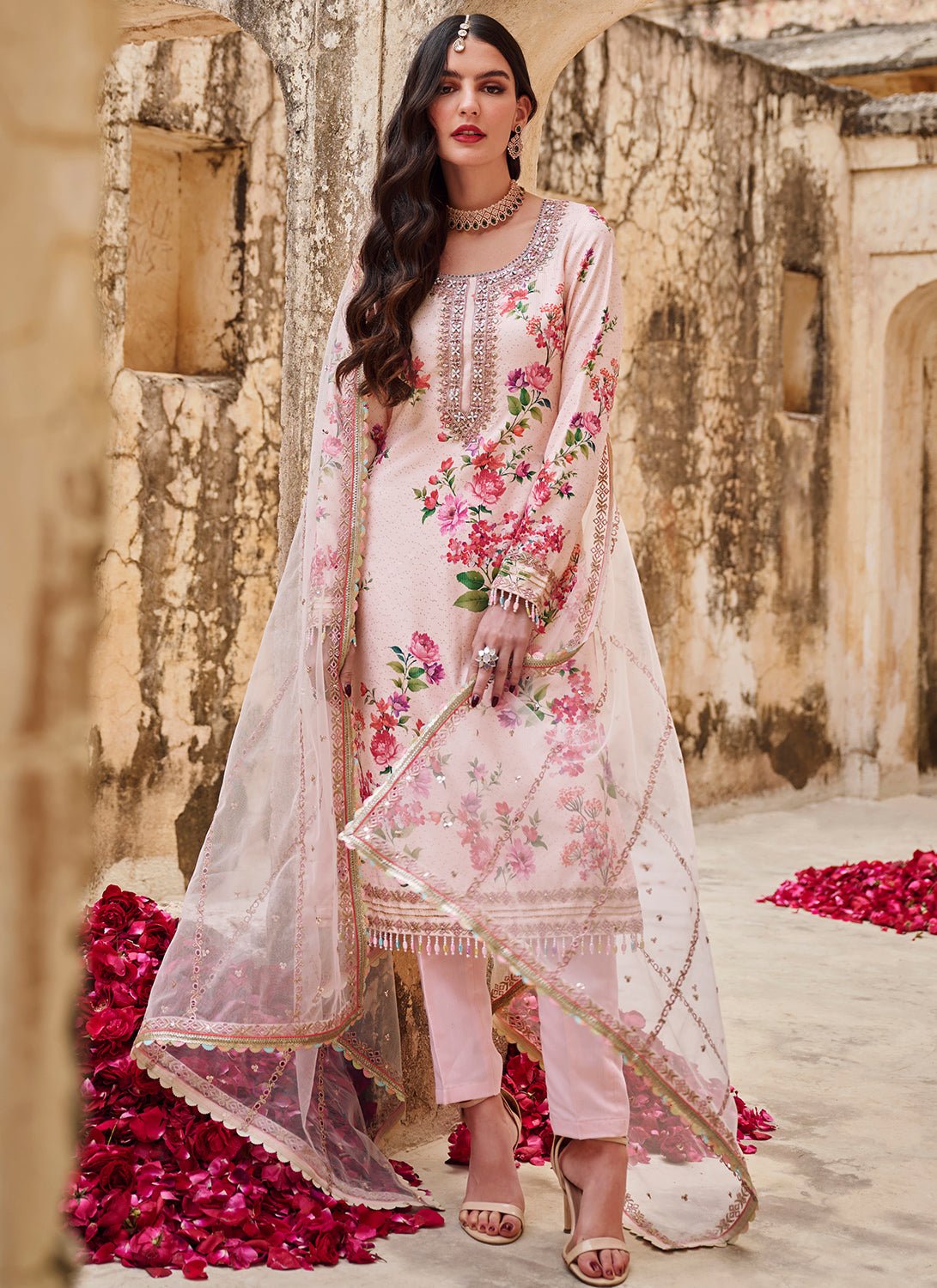 Soft Pink Floral Crepe Straight Suit - Lashkaraa