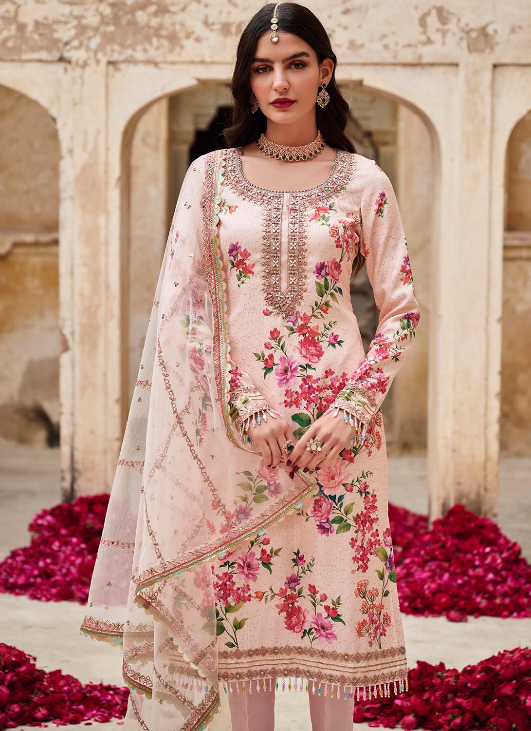 Soft Pink Floral Crepe Straight Suit - Lashkaraa