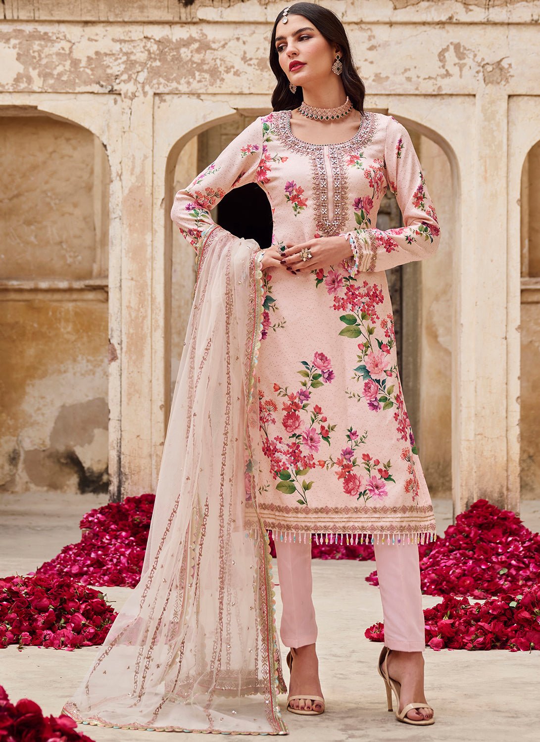 Soft Pink Floral Crepe Straight Suit - Lashkaraa