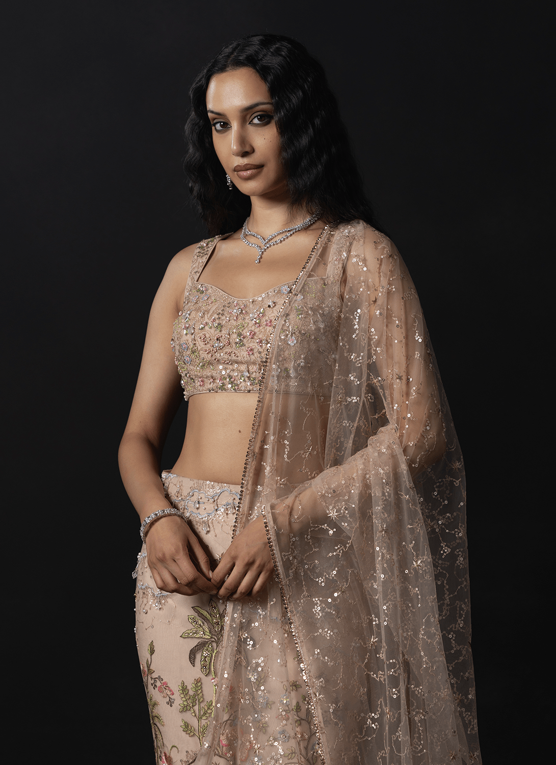 Soft Taupe Embroidered Net Mermaid Lehenga - Lashkaraa