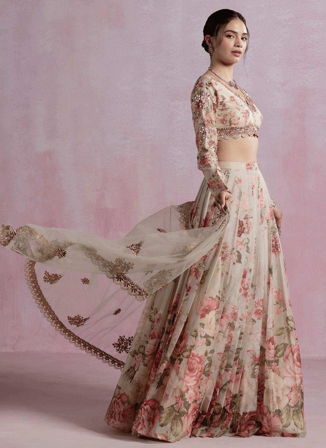 Soft Taupe Multicolor Floral Printed Organza Lehenga - Lashkaraa