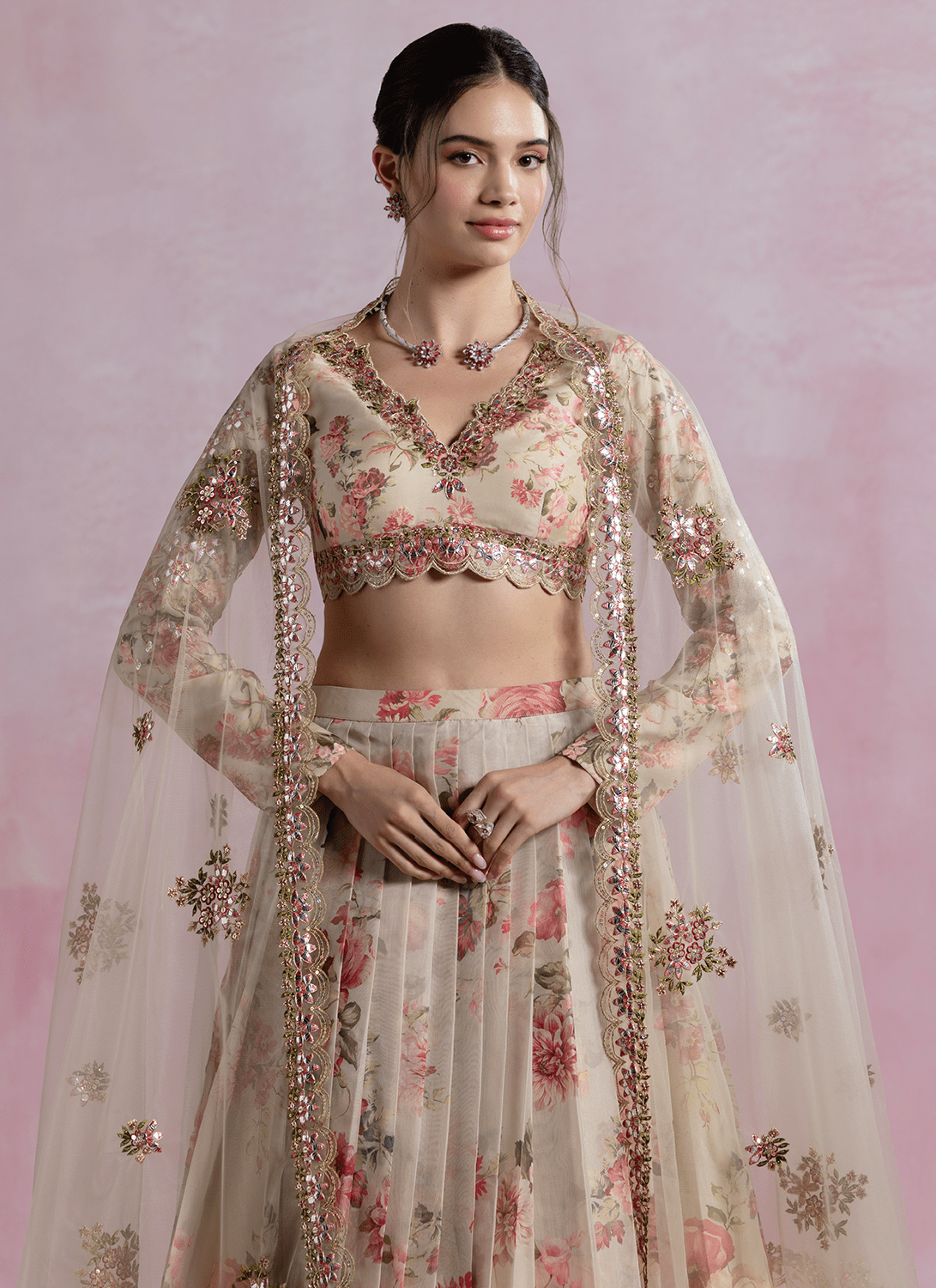 Soft Taupe Multicolor Floral Printed Organza Lehenga - Lashkaraa