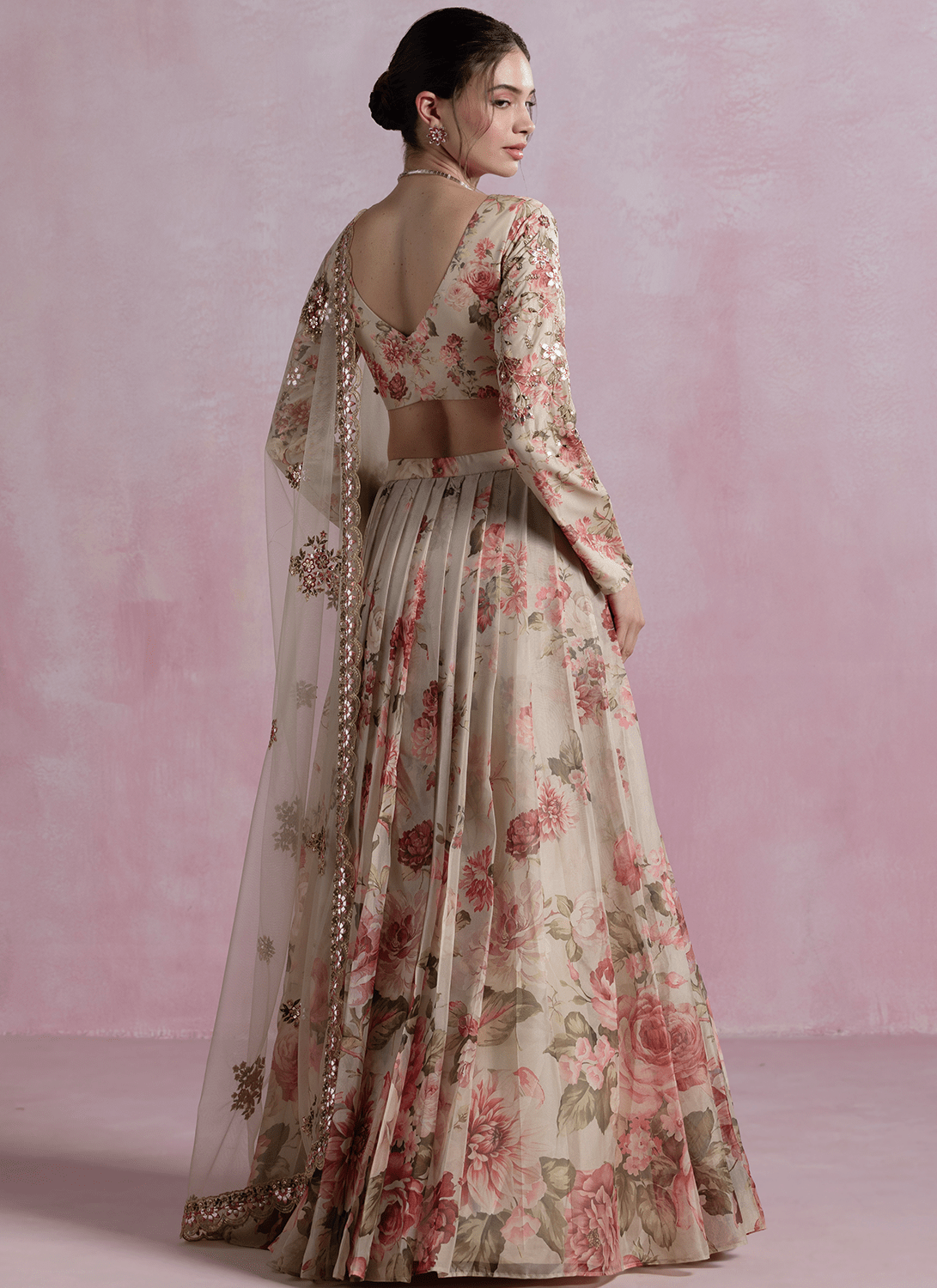 Soft Taupe Multicolor Floral Printed Organza Lehenga - Lashkaraa