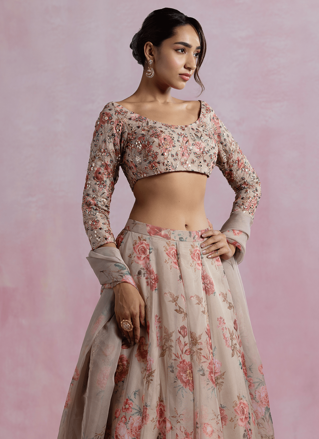 Taupe Floral Printed Organza Lehenga - Lashkaraa