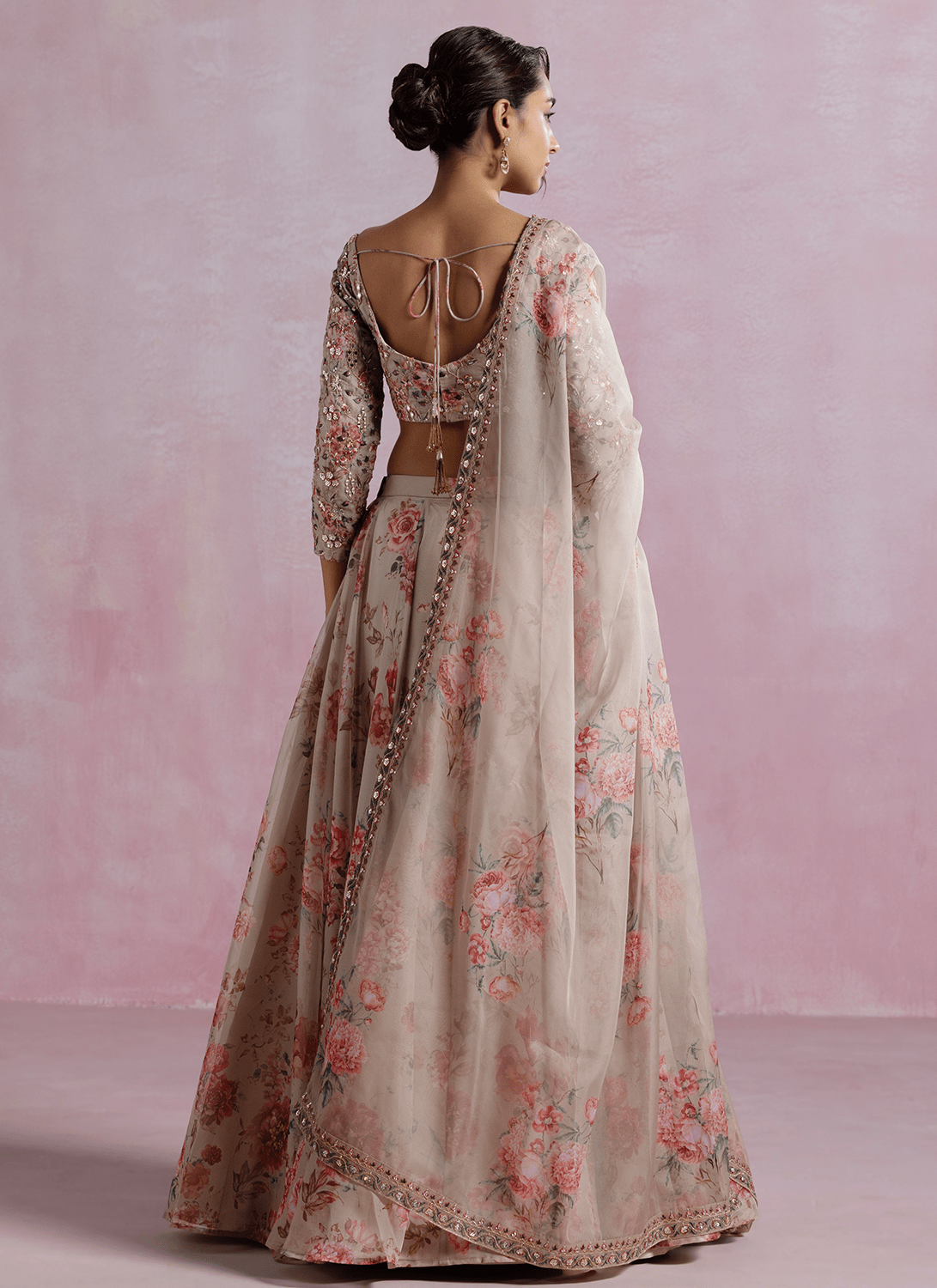 Taupe Floral Printed Organza Lehenga - Lashkaraa
