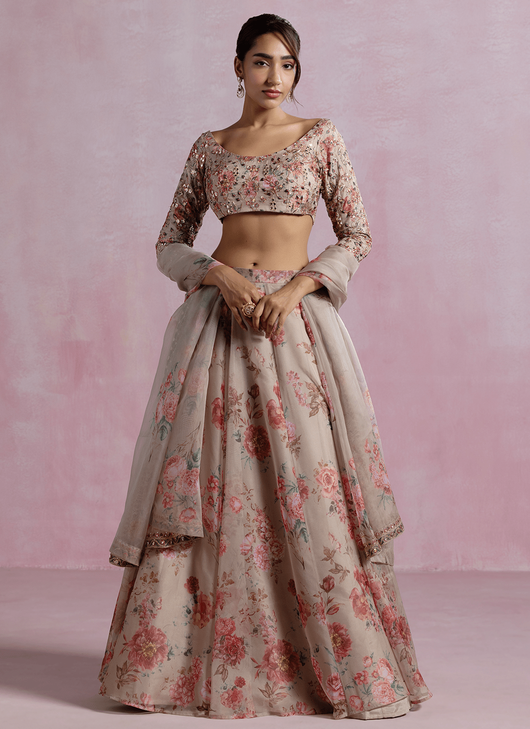 Taupe Floral Printed Organza Lehenga - Lashkaraa
