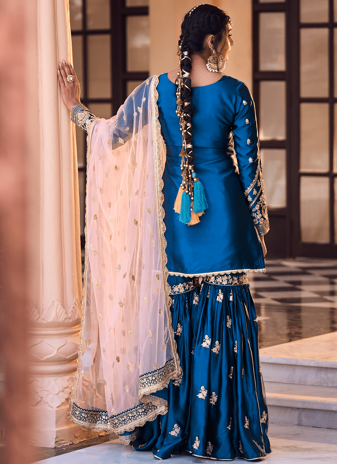 Teal and Peach Embroidered Gharara Suit - Lashkaraa