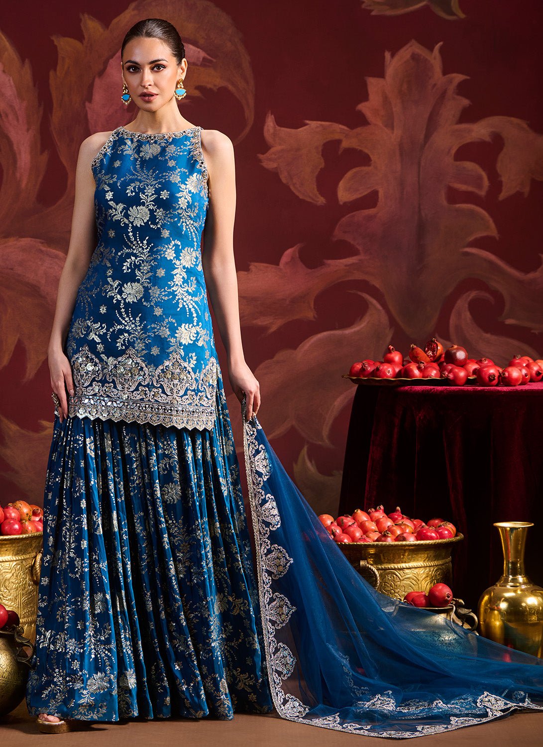 Teal Blue Embroidered Brocade Sharara - Lashkaraa