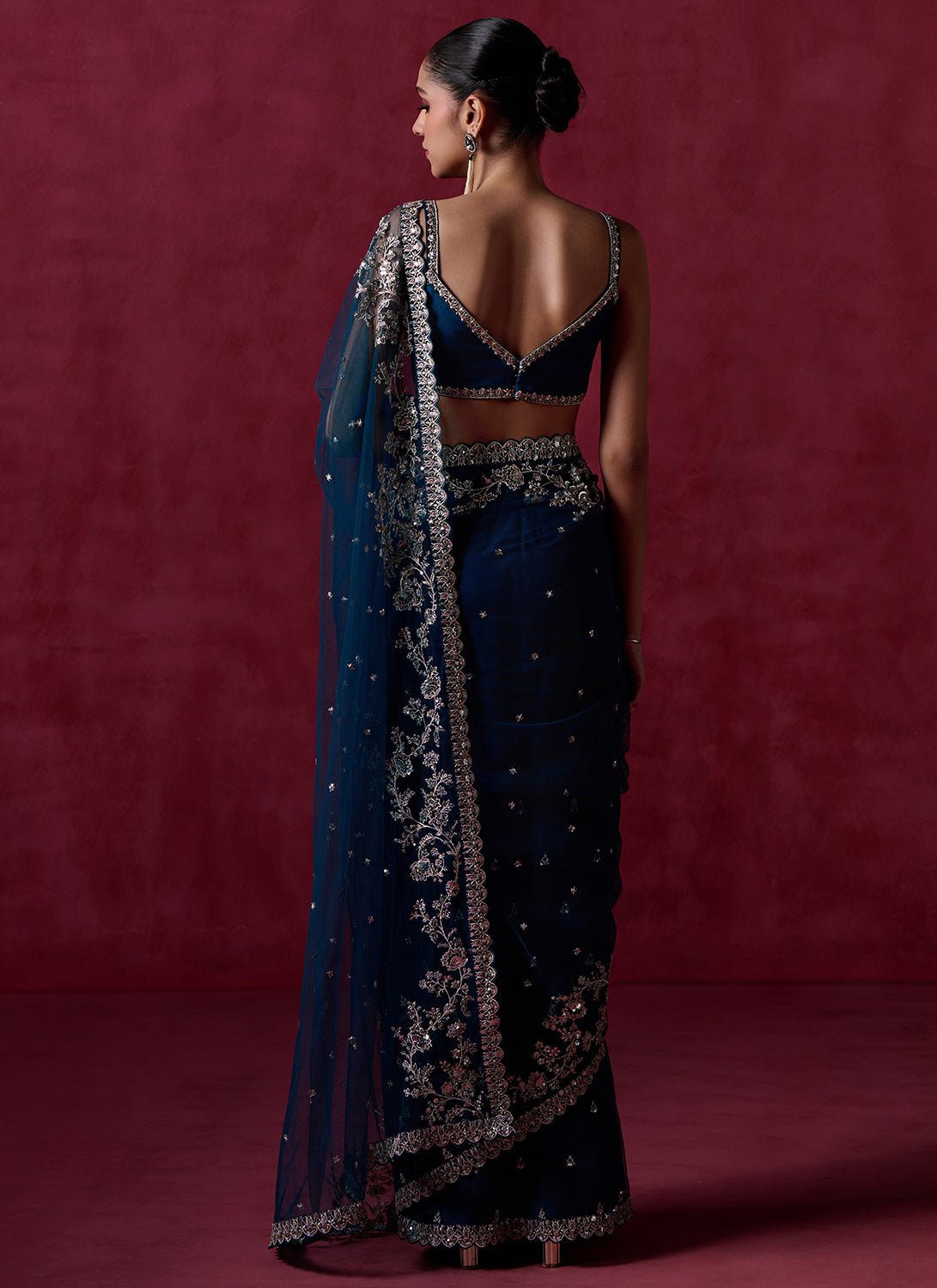 Teal Blue Embroidered Net Saree - Lashkaraa