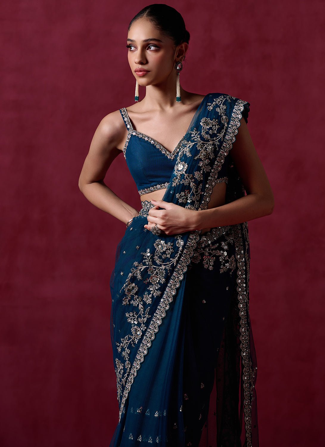 Teal Blue Embroidered Net Saree - Lashkaraa