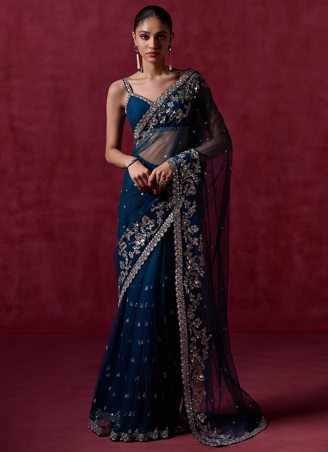 Teal Blue Embroidered Net Saree - Lashkaraa