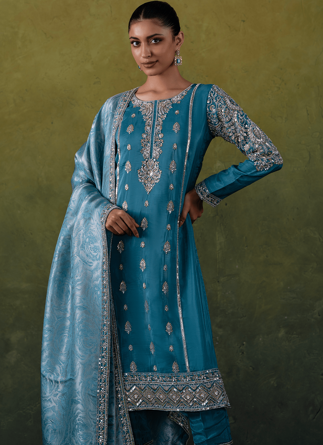 Teal Blue Embroidered Organza Straight Suit - Lashkaraa