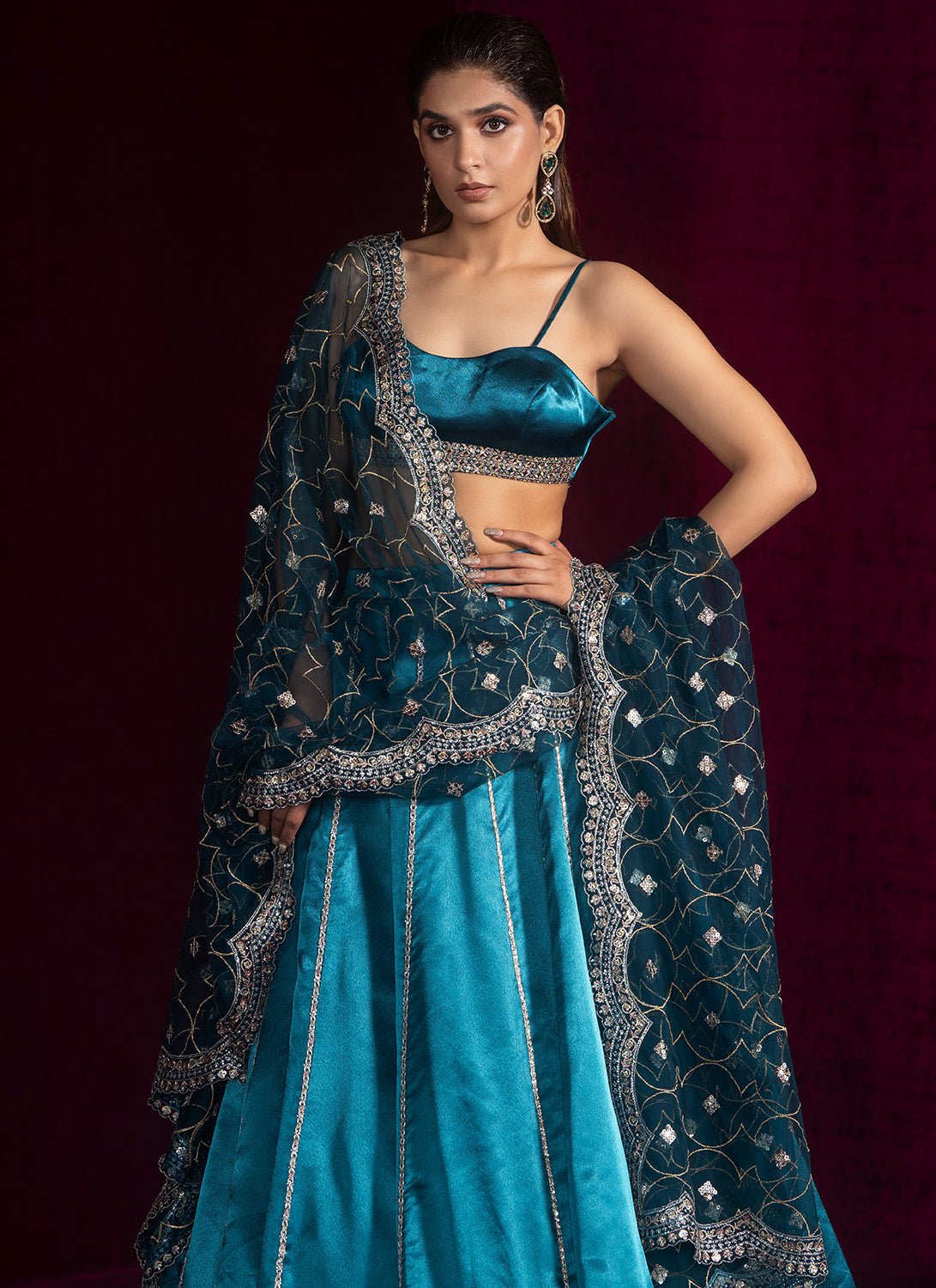Teal Blue Embroidered Satin Lehenga - Lashkaraa