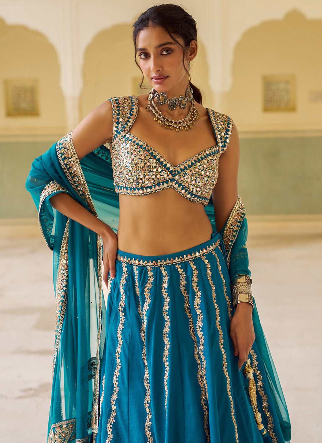 Teal Blue Embroidered Silk Lehenga - Lashkaraa