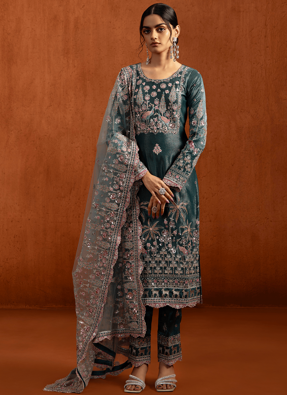 Teal Blue Embroidered Viscose Tissue Pant Suit - Lashkaraa