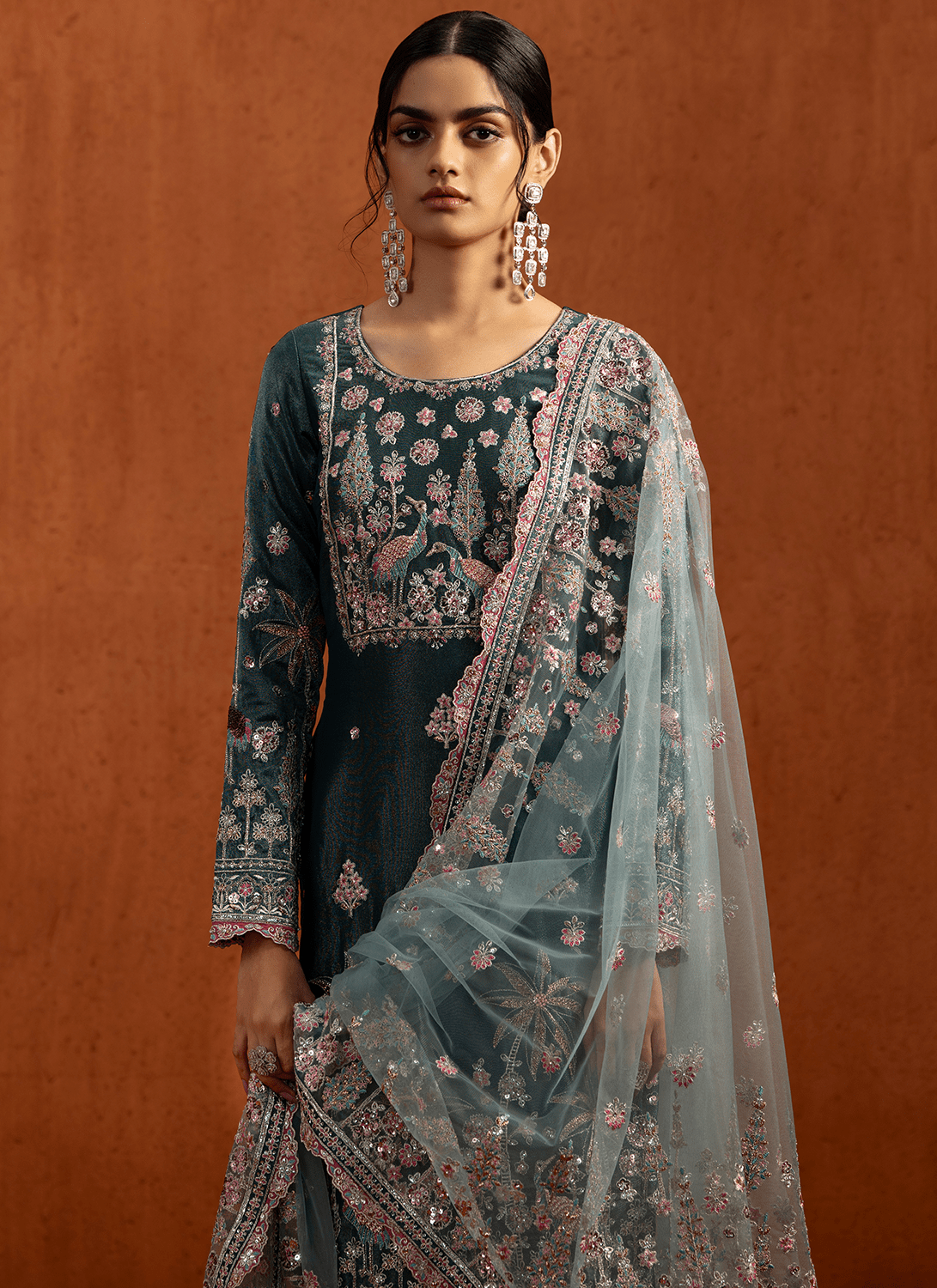 Teal Blue Embroidered Viscose Tissue Pant Suit - Lashkaraa