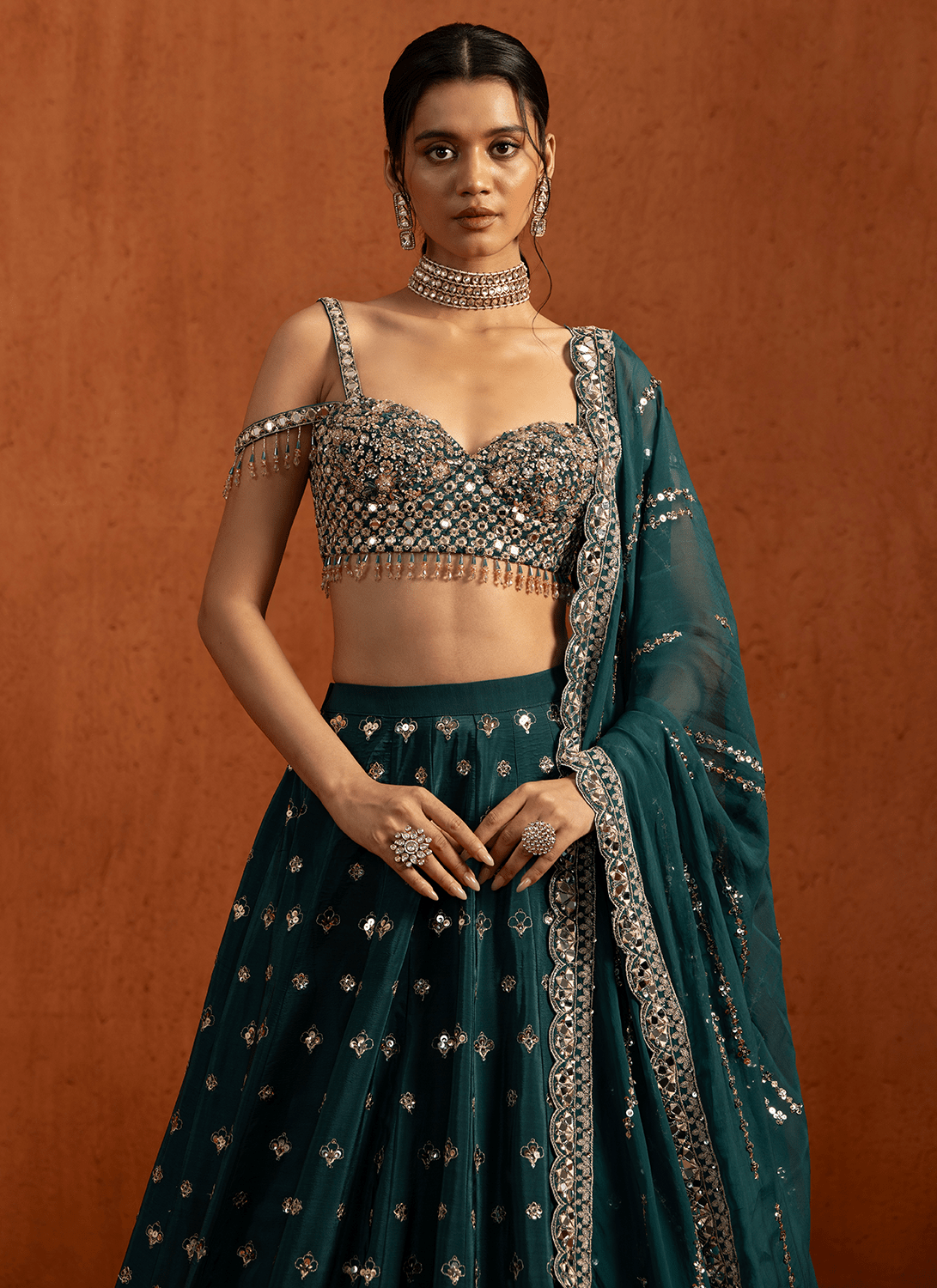Teal Embroidered Crepe Lehenga - Lashkaraa