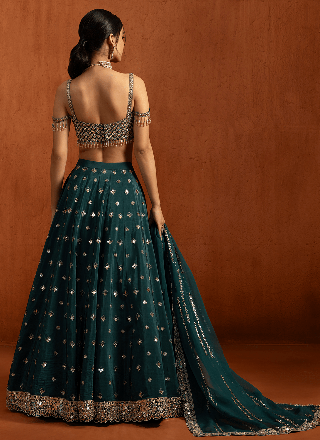 Teal Embroidered Crepe Lehenga - Lashkaraa