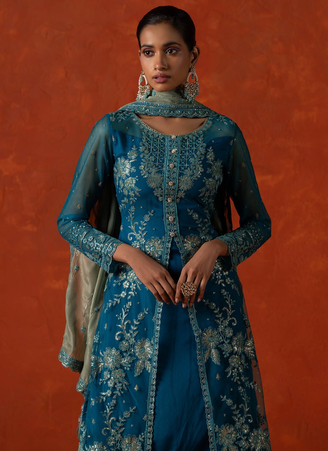 Teal Embroidered Crepe Silk Straight Suit - Lashkaraa