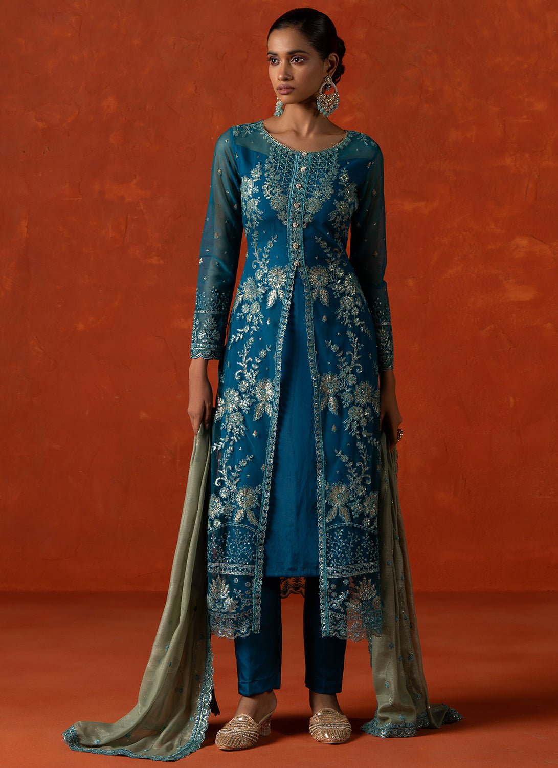 Teal Embroidered Crepe Silk Straight Suit - Lashkaraa