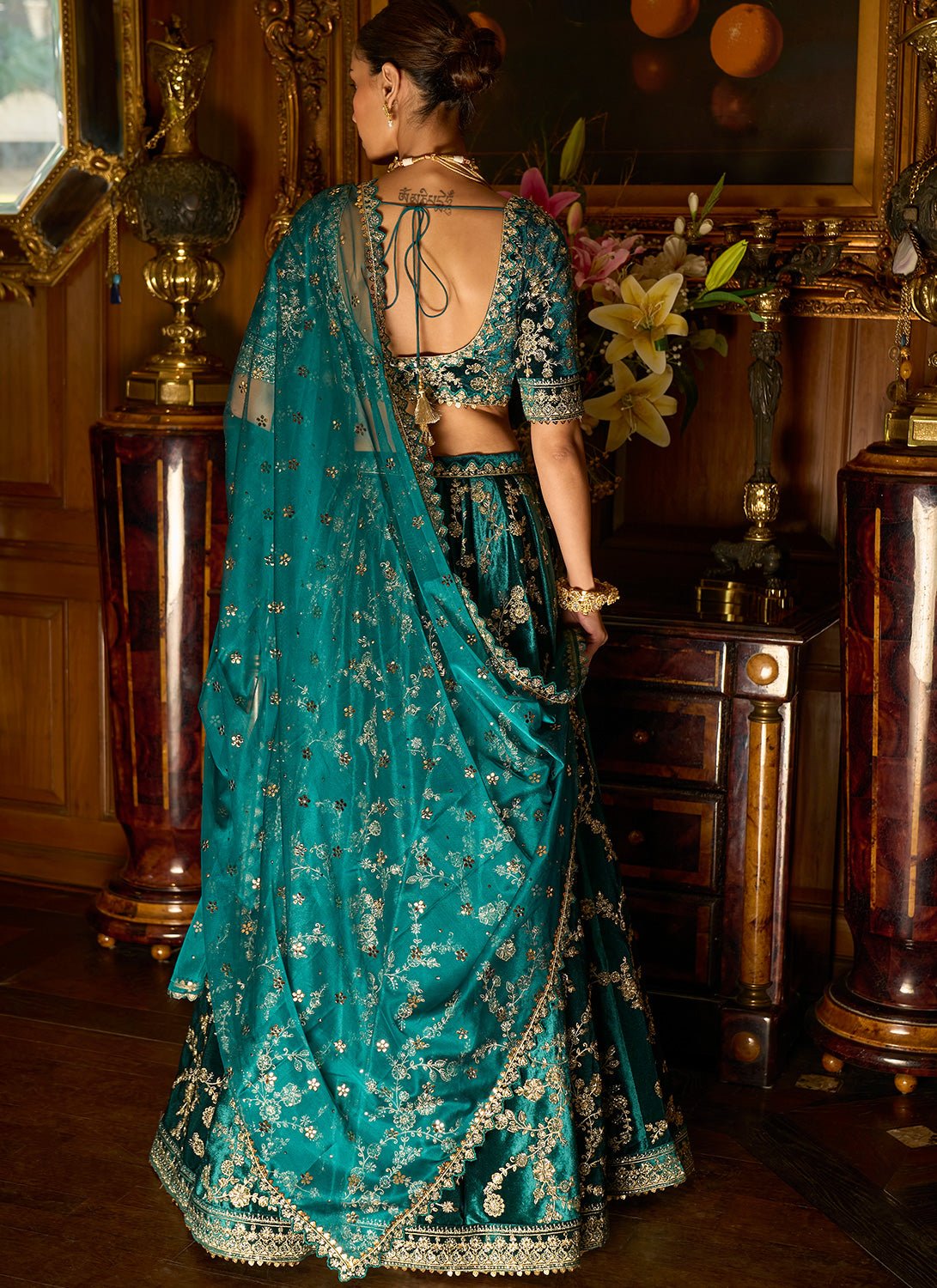 Teal Embroidered Velvet Lehenga - Lashkaraa