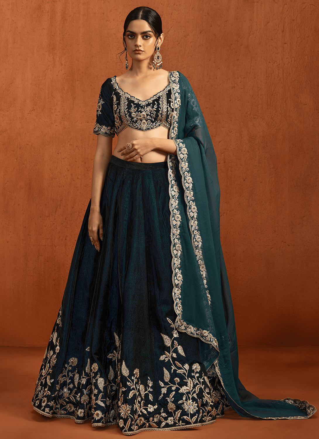 Teal Embroidered Velvet Lehenga - Lashkaraa
