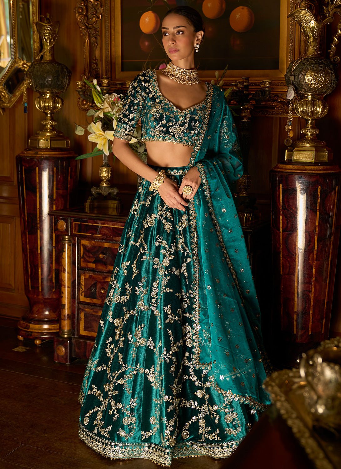 Teal Embroidered Velvet Lehenga - Lashkaraa