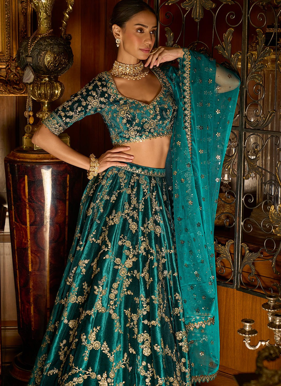Teal Embroidered Velvet Lehenga - Lashkaraa