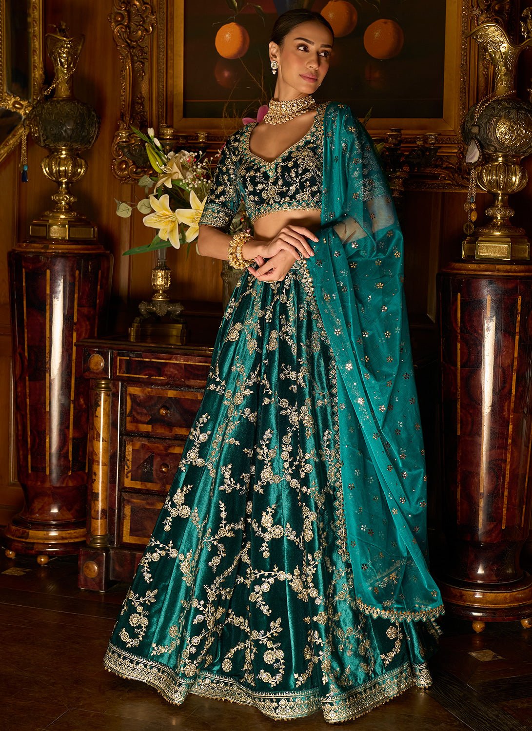 Teal Embroidered Velvet Lehenga - Lashkaraa