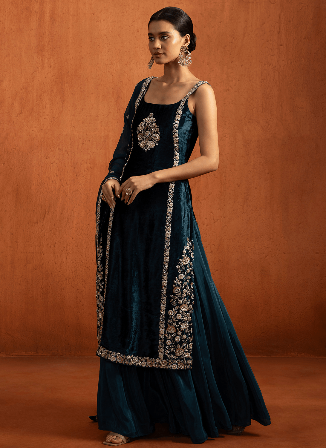 Teal Embroidered Viscose Velvet Sharara Suit - Lashkaraa