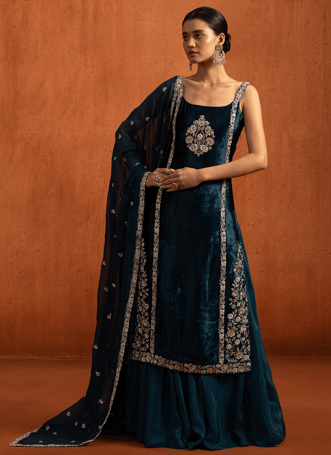 Teal Embroidered Viscose Velvet Sharara Suit Teal Embroidered Viscose Velvet Sharara Suit
