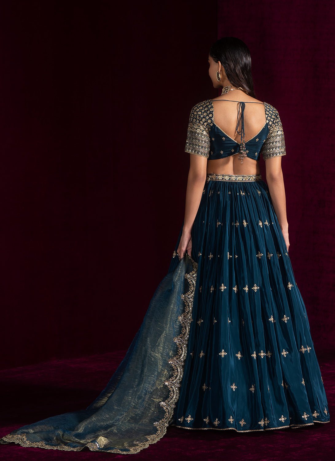 Teal Green Embroidered Crepe Lehenga - Lashkaraa