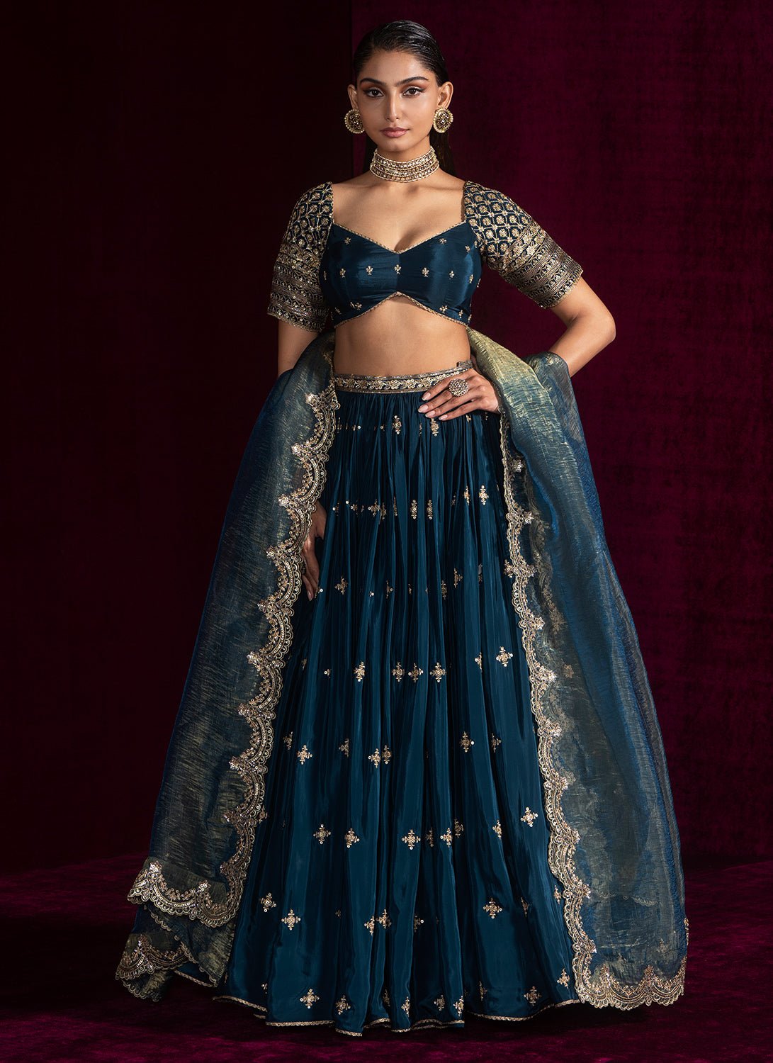 Teal Green Embroidered Crepe Lehenga - Lashkaraa