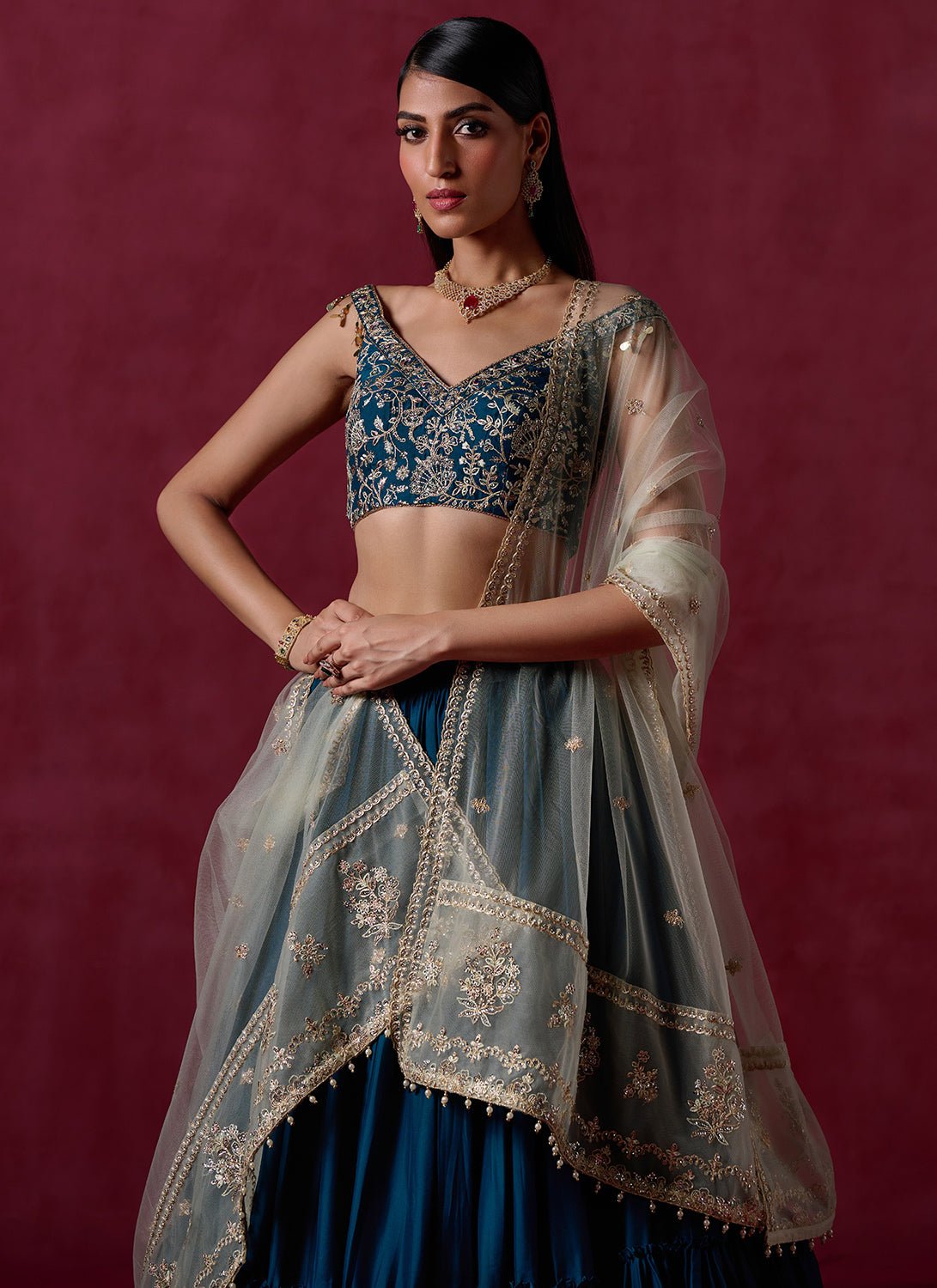 Teal Green Embroidered Crepe Silk Lehenga - Lashkaraa