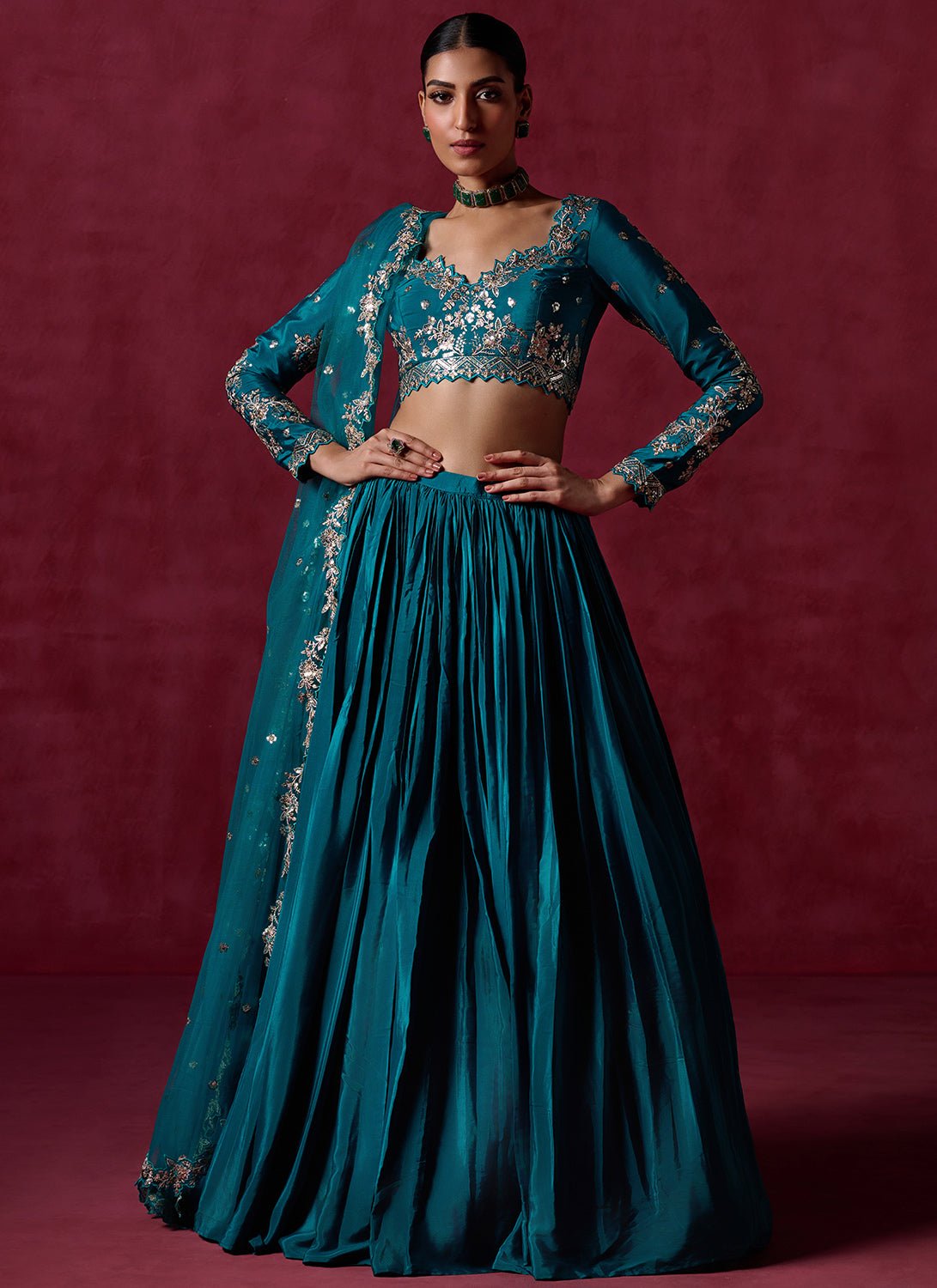 Teal Green Embroidered Crepe Silk Lehenga - Lashkaraa