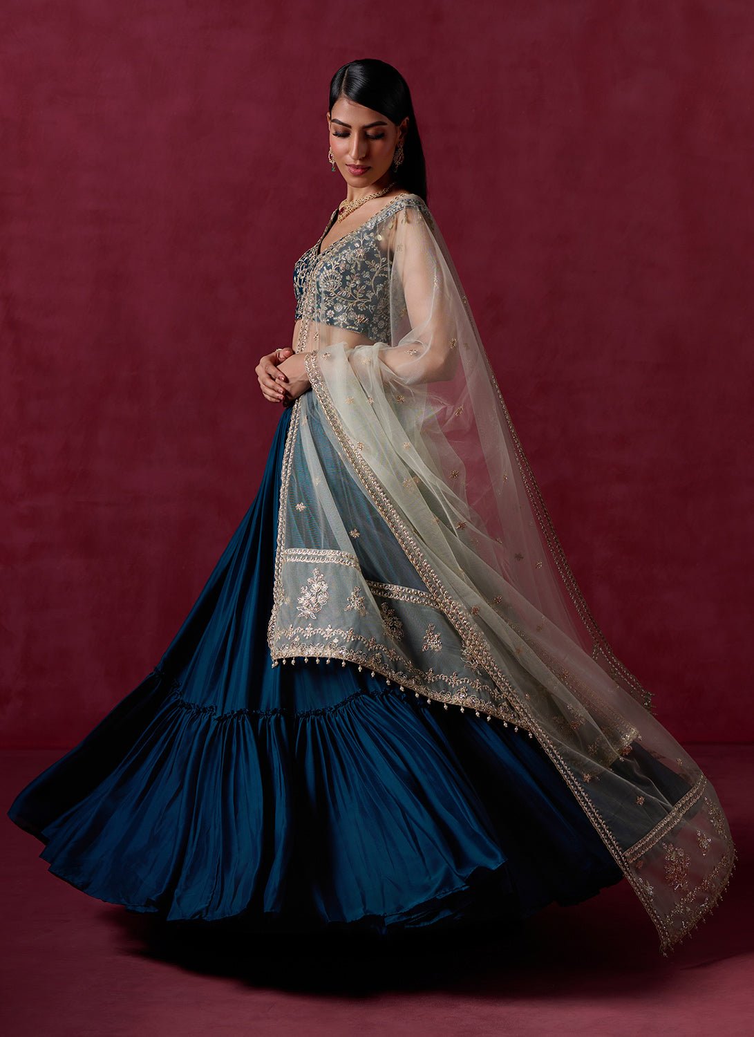 Teal Green Embroidered Crepe Silk Lehenga - Lashkaraa