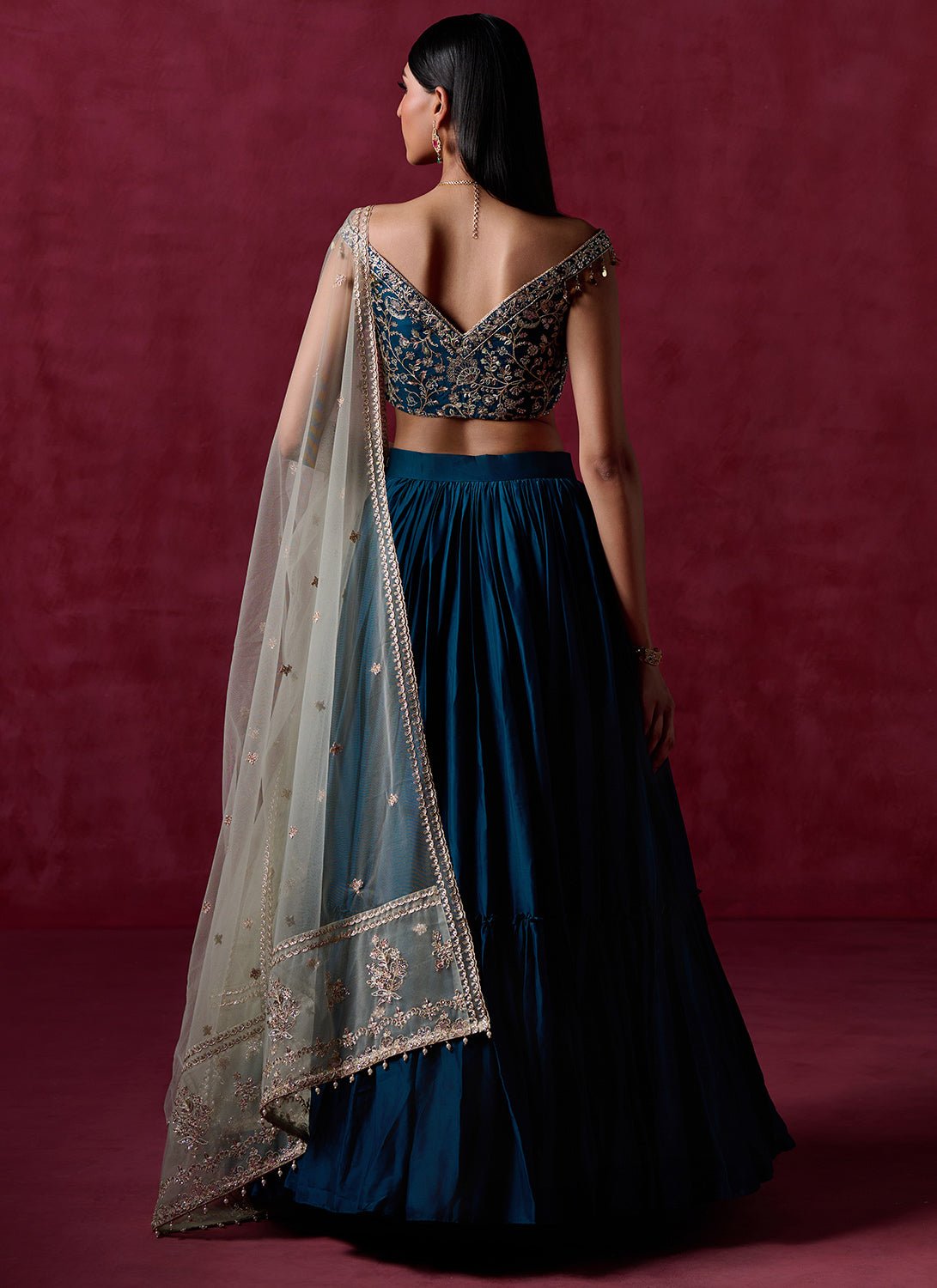 Teal Green Embroidered Crepe Silk Lehenga - Lashkaraa