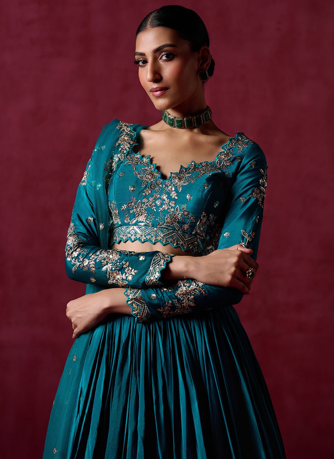 Teal Green Embroidered Crepe Silk Lehenga - Lashkaraa