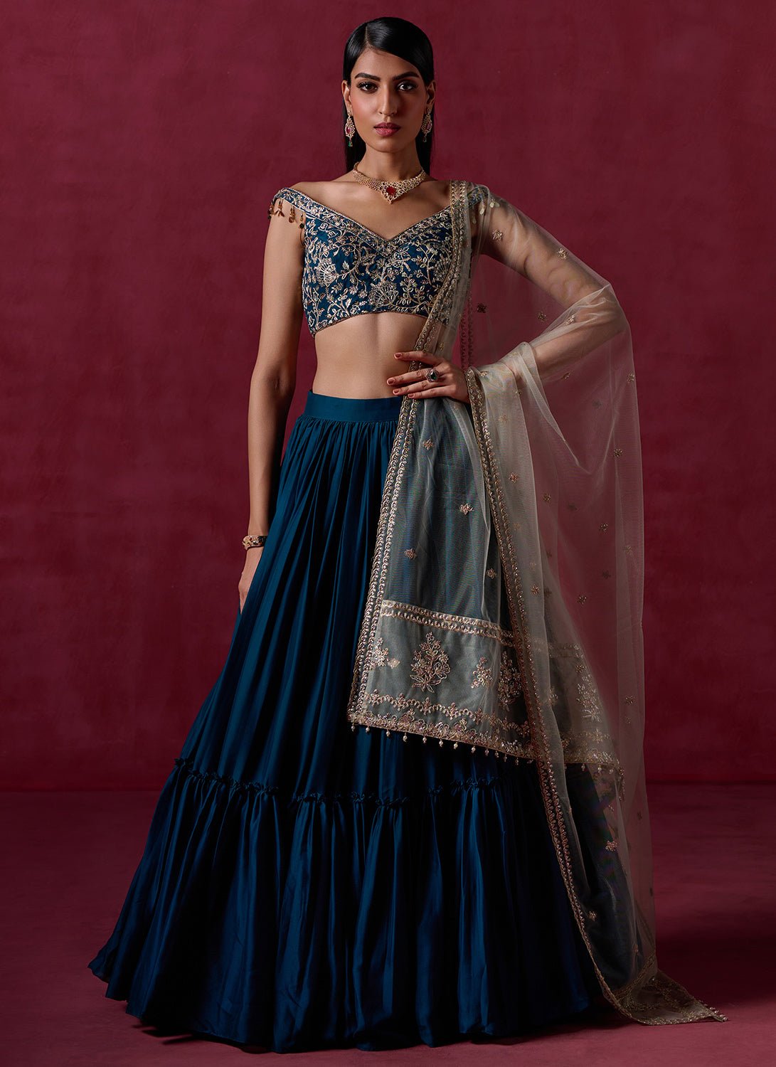 Teal Green Embroidered Crepe Silk Lehenga - Lashkaraa