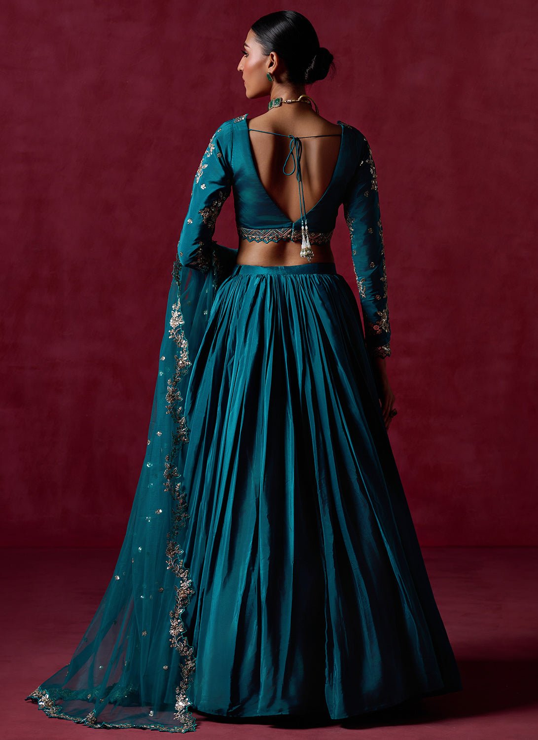 Teal Green Embroidered Crepe Silk Lehenga - Lashkaraa