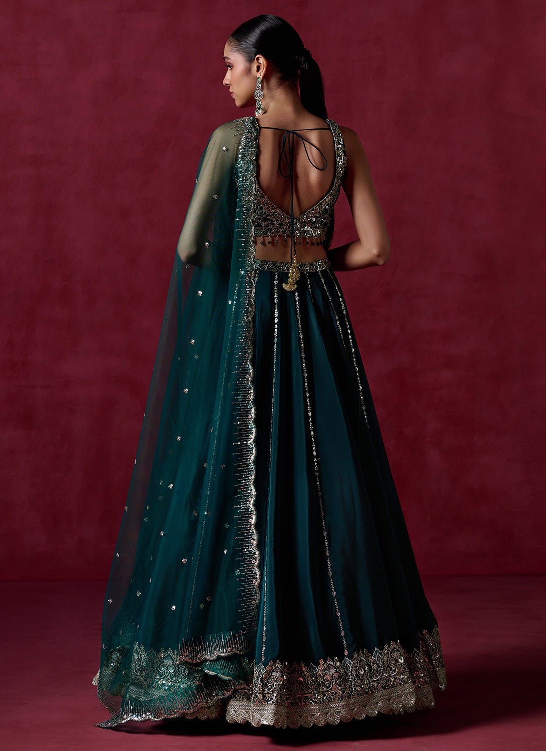 Teal Green Embroidered Lehenga - Lashkaraa