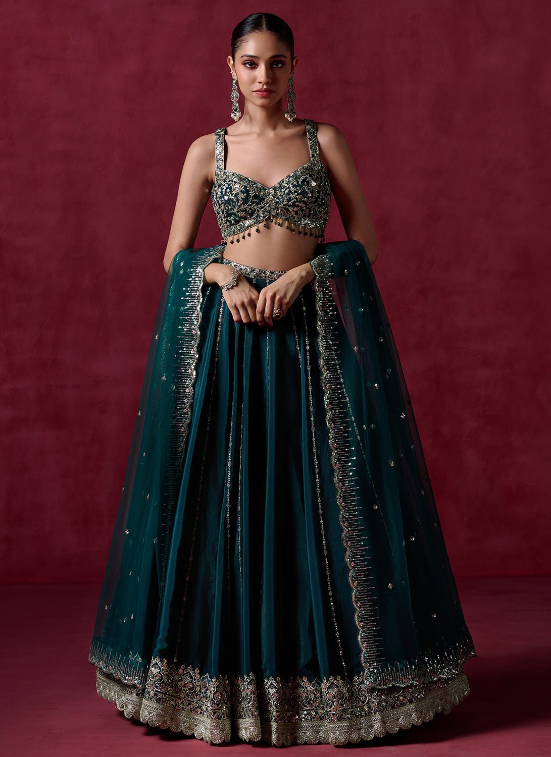 Teal Green Embroidered Lehenga - Lashkaraa